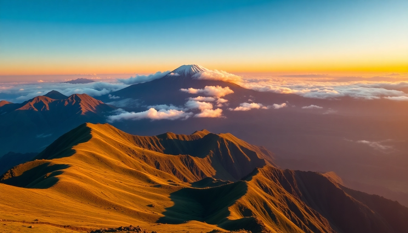 Hikers conquering Mt. Rinjani with scenic volcanic landscape and lush vegetation in the foreground