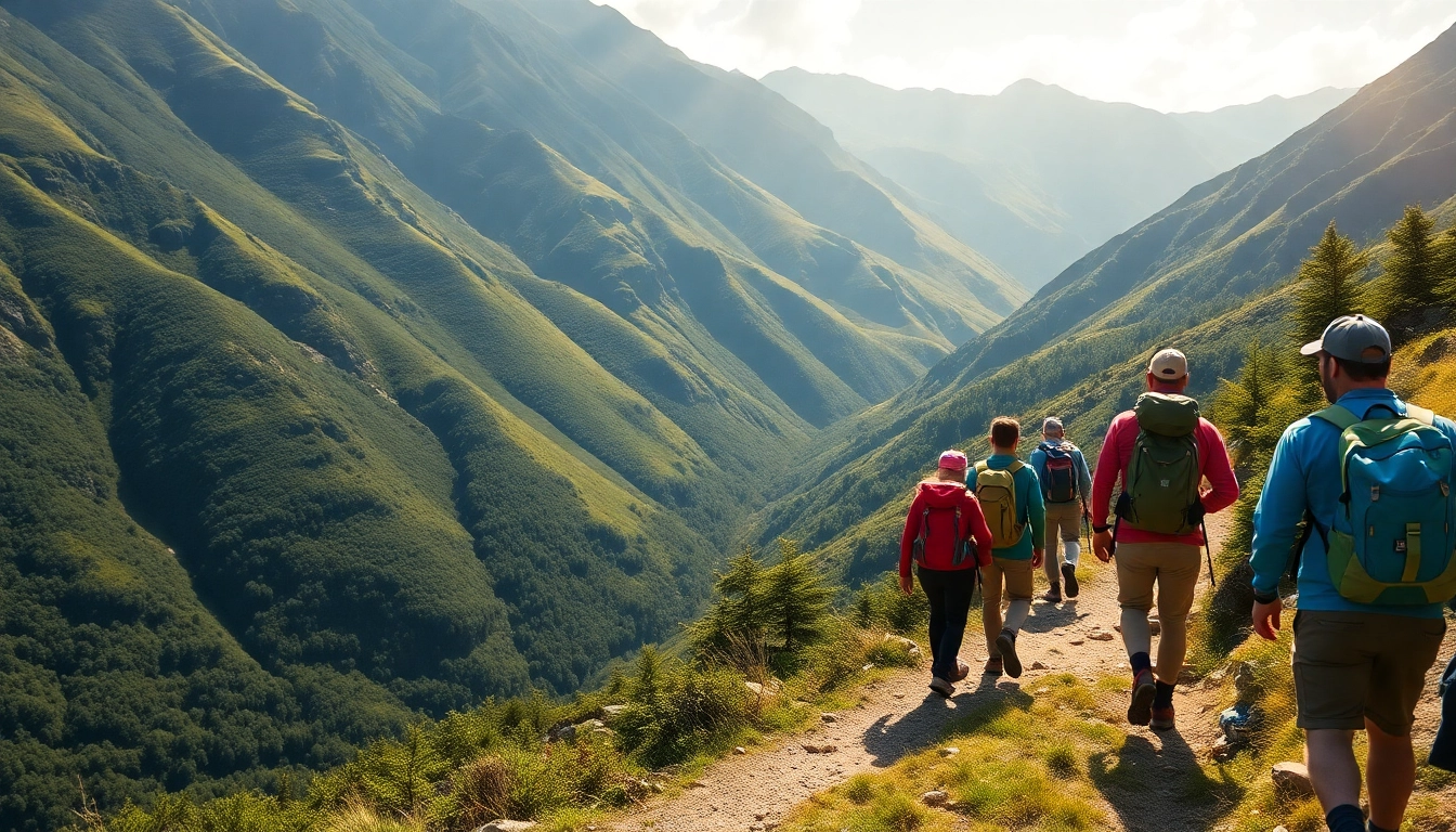 Hiking in Indonesia: Travelers trekking through lush mountain trails with scenic views and vibrant gear, emphasizing adventure and nature.