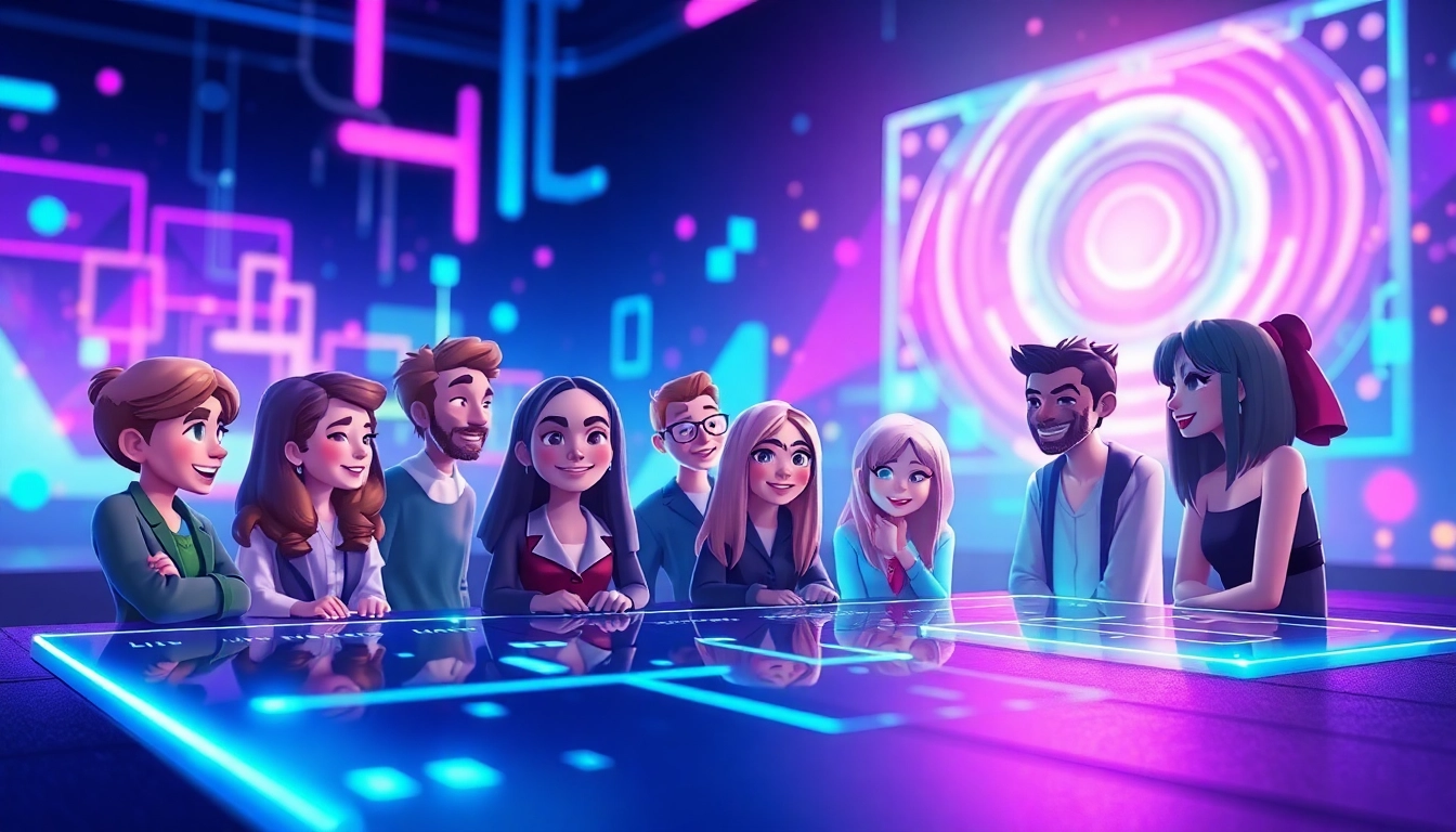 Futuristic digital chat environment with animated characters and neon lights.