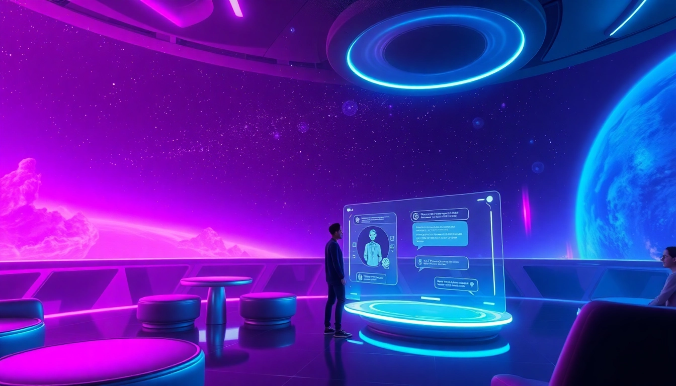 Futuristic space lounge with holographic AI characters and a starry nebula background