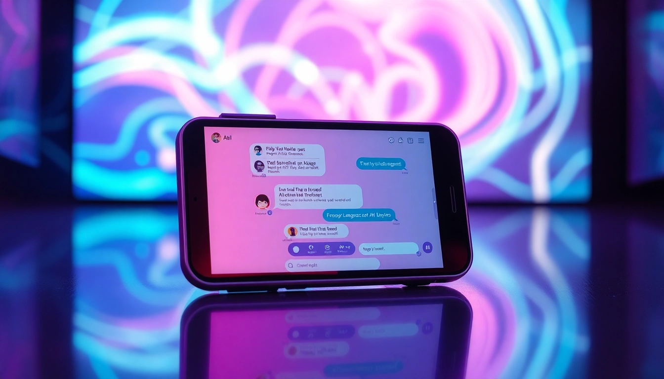 Futuristic digital chat interface on a sleek device screen with neon glowing background