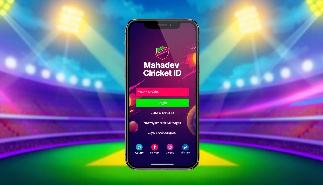 Mahadev Cricket ID registration on a smartphone with cricket stadium background for online betting