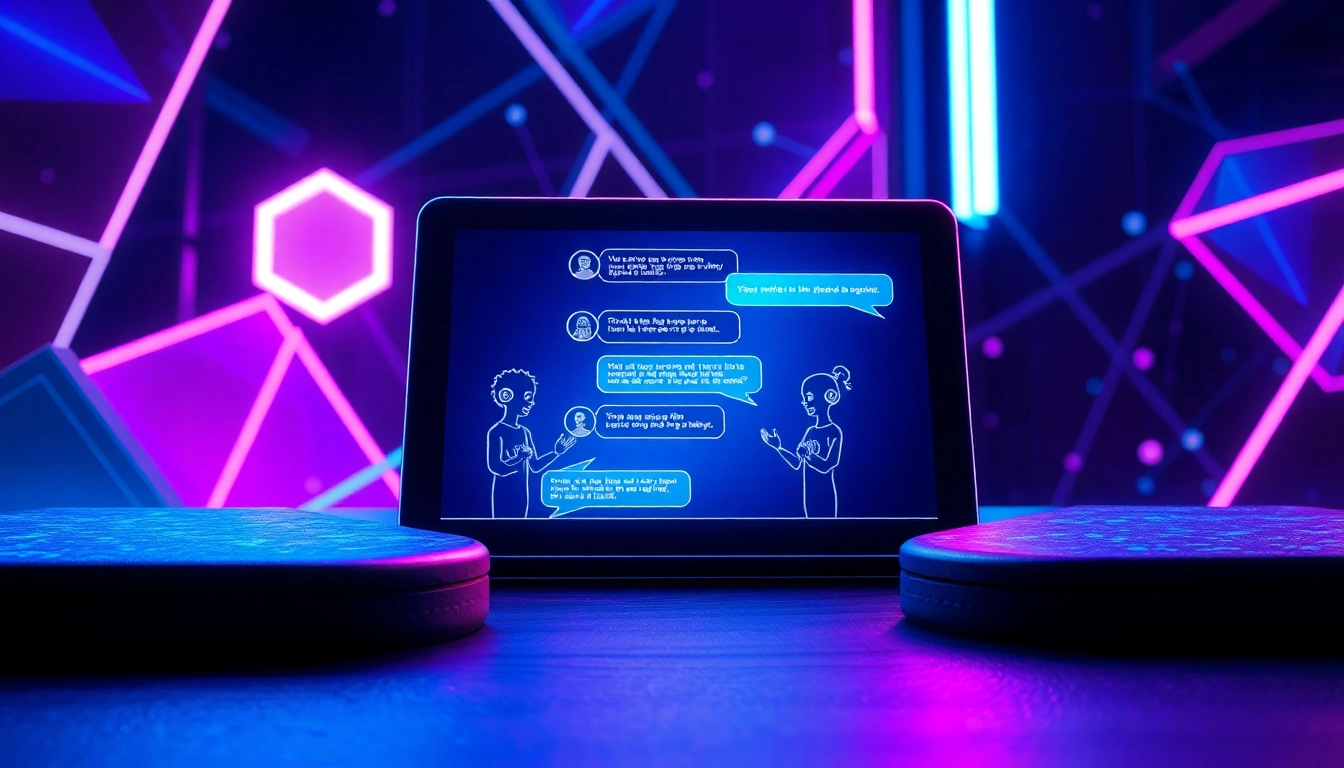 Futuristic digital chat interface showcasing AI characters in a vibrant, neon-lit environment