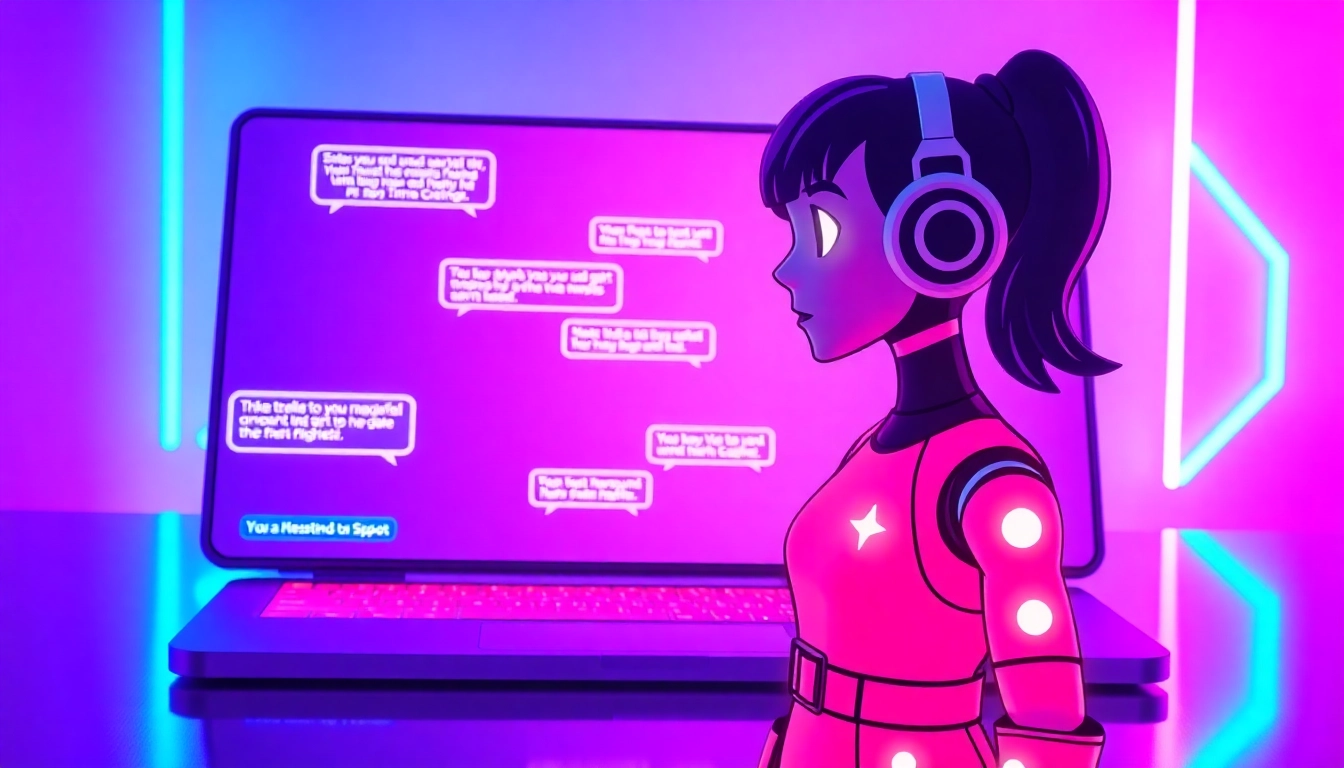 An animated digital illustration of a futuristic chatbot interface with a colorful AI character, glowing chat bubbles, and a neon cyberpunk background.