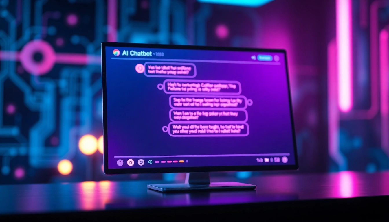 Futuristic AI chatbot interface with glowing text bubbles on a high-tech screen, illuminated in neon colors.