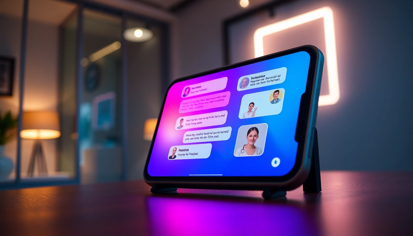 Futuristic chat interface on a mobile device with colorful neon accents and a modern background
