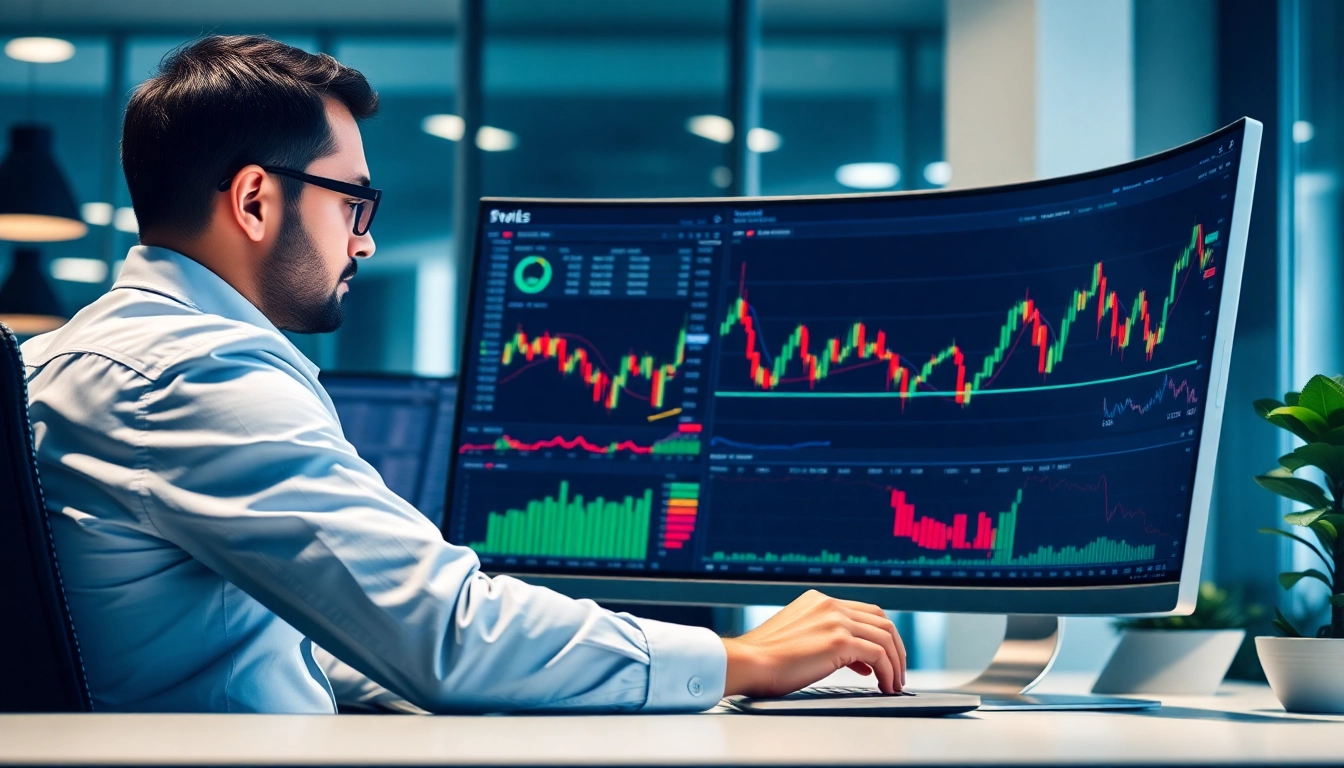 Trading view platform showing live stock and cryptocurrency charts with trading tools for